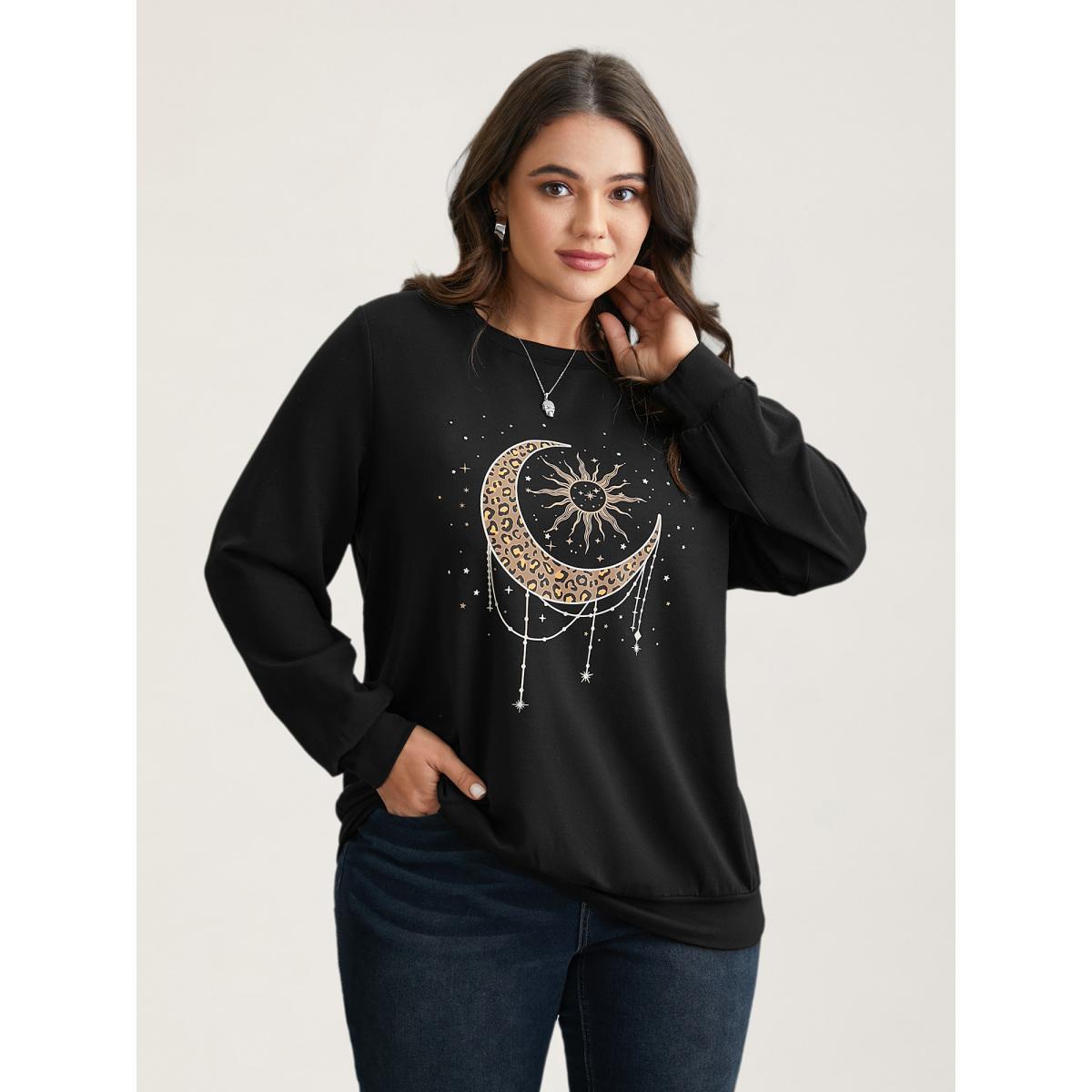 Plus Size Crew Neck Celestial Print Stretch Sweatshirt Women Black Casual Non Round Neck Everyday Sweatshirts BloomChic 22-24/3X Product Image