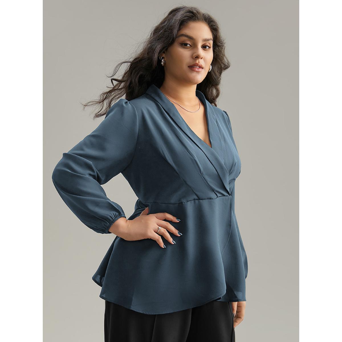 Plus Size Stone Static-Free Plain Pleated Wrap Blouse Women Office Long Sleeve V-neck Dailywear Blouses BloomChic 28/5X Product Image