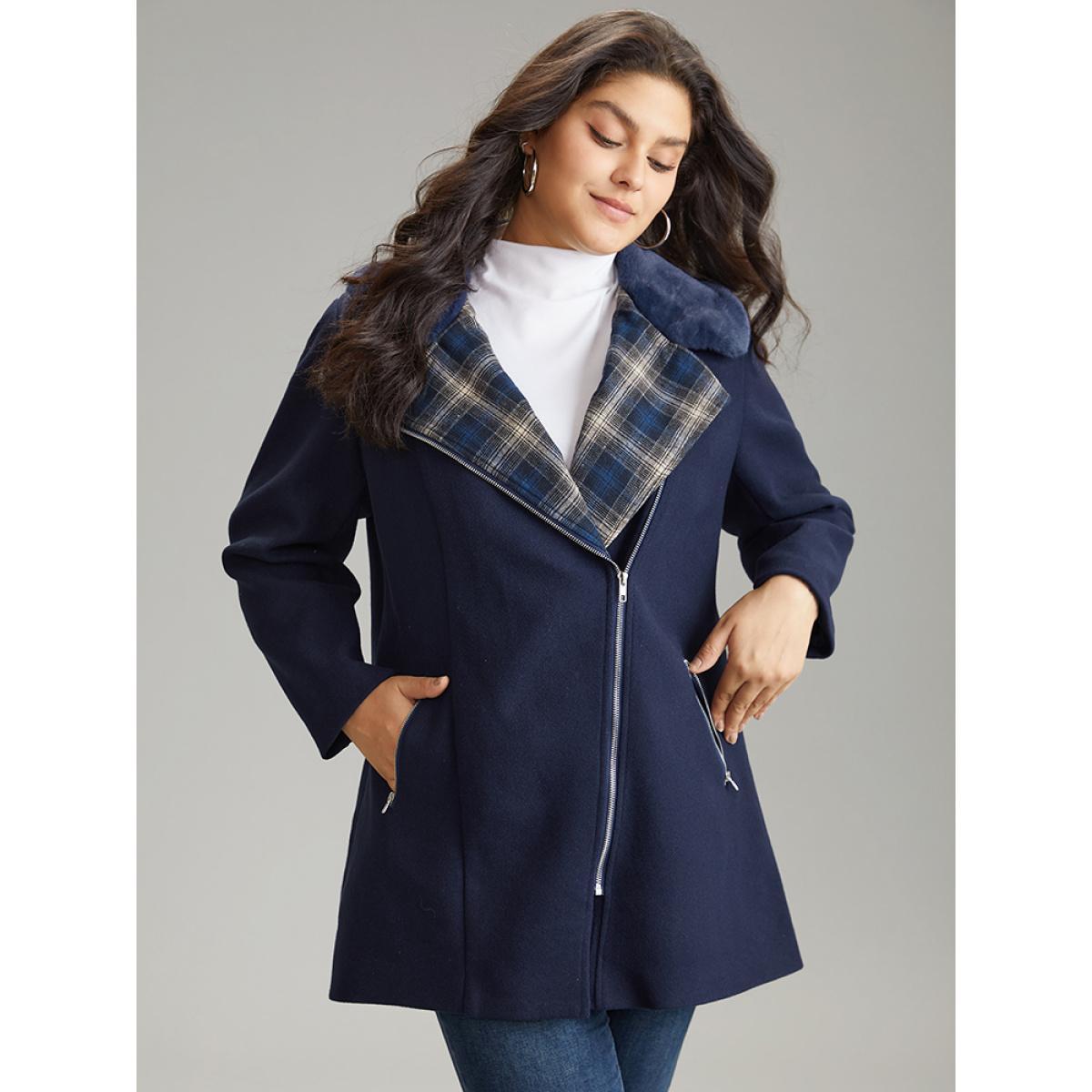 Plus Size Plaid Asymmetrical Lapel Collar Patchwork Fuzzy Trim Coat Women Indigo Casual Lined Ladies Dailywear Winter Coats BloomChic 22-24/3X Product Image