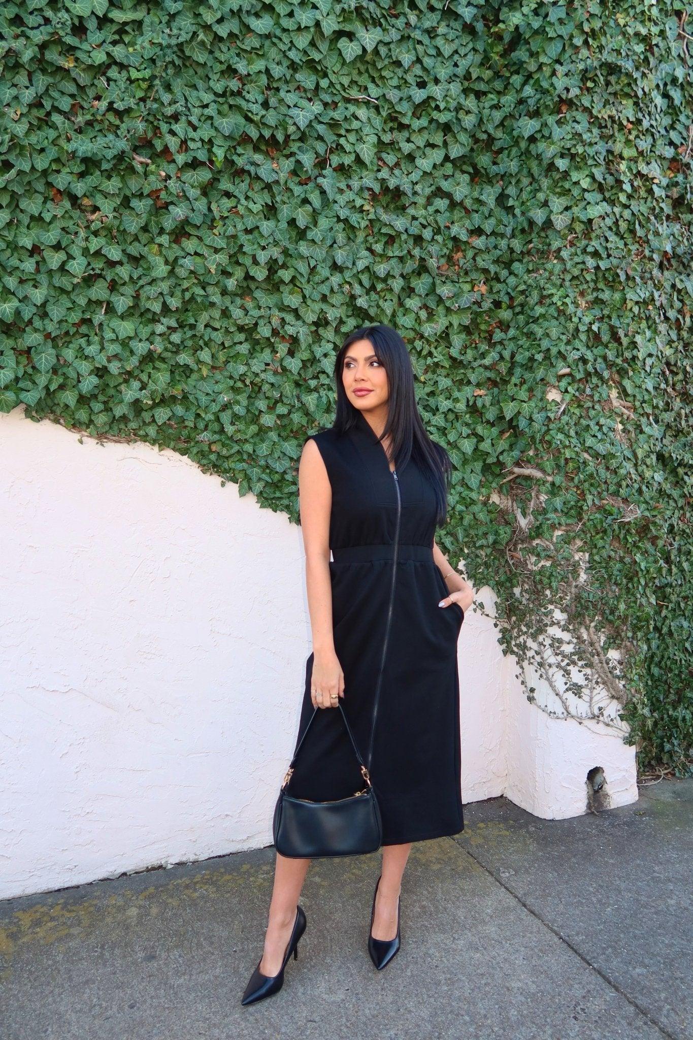 Black Zip Up Front Smocked Midi Dress - FINAL SALE Female Product Image