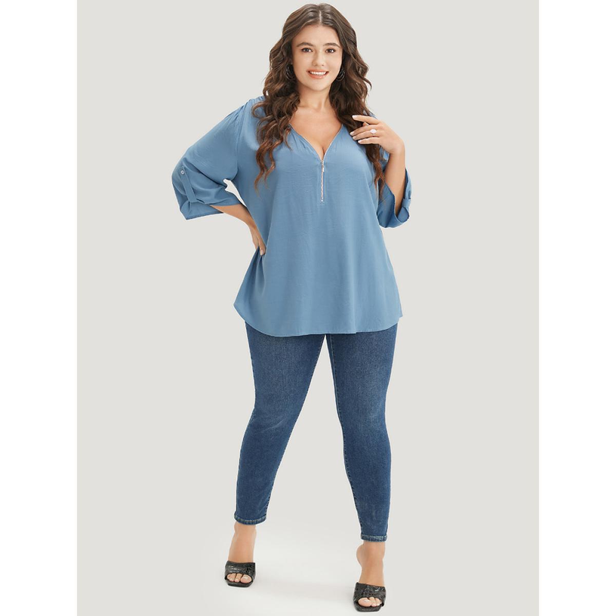 Plus Size Stone Solid Zipper Half Gathered Cuffed Sleeve Blouse Women Office Elbow-length sleeve V-neck Work Blouses BloomChic 30/6X Product Image