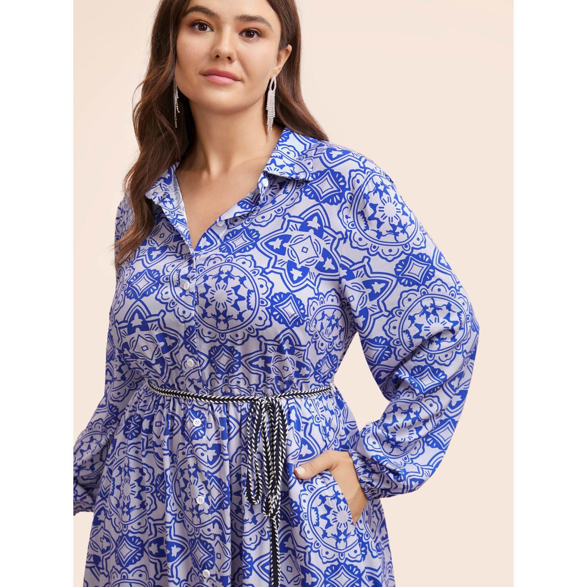 Plus Size Bandana Print Shirt Collar Belted Midi Dress Cerulean Women Cocktail Belted Shirt collar Long Sleeve Curvy BloomChic 26/4X Product Image