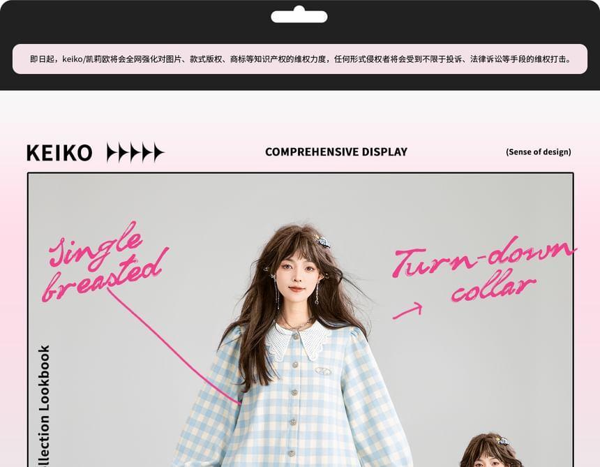 Long Sleeve Lace Collar Plaid Button Mini A-Line Dress Product Image