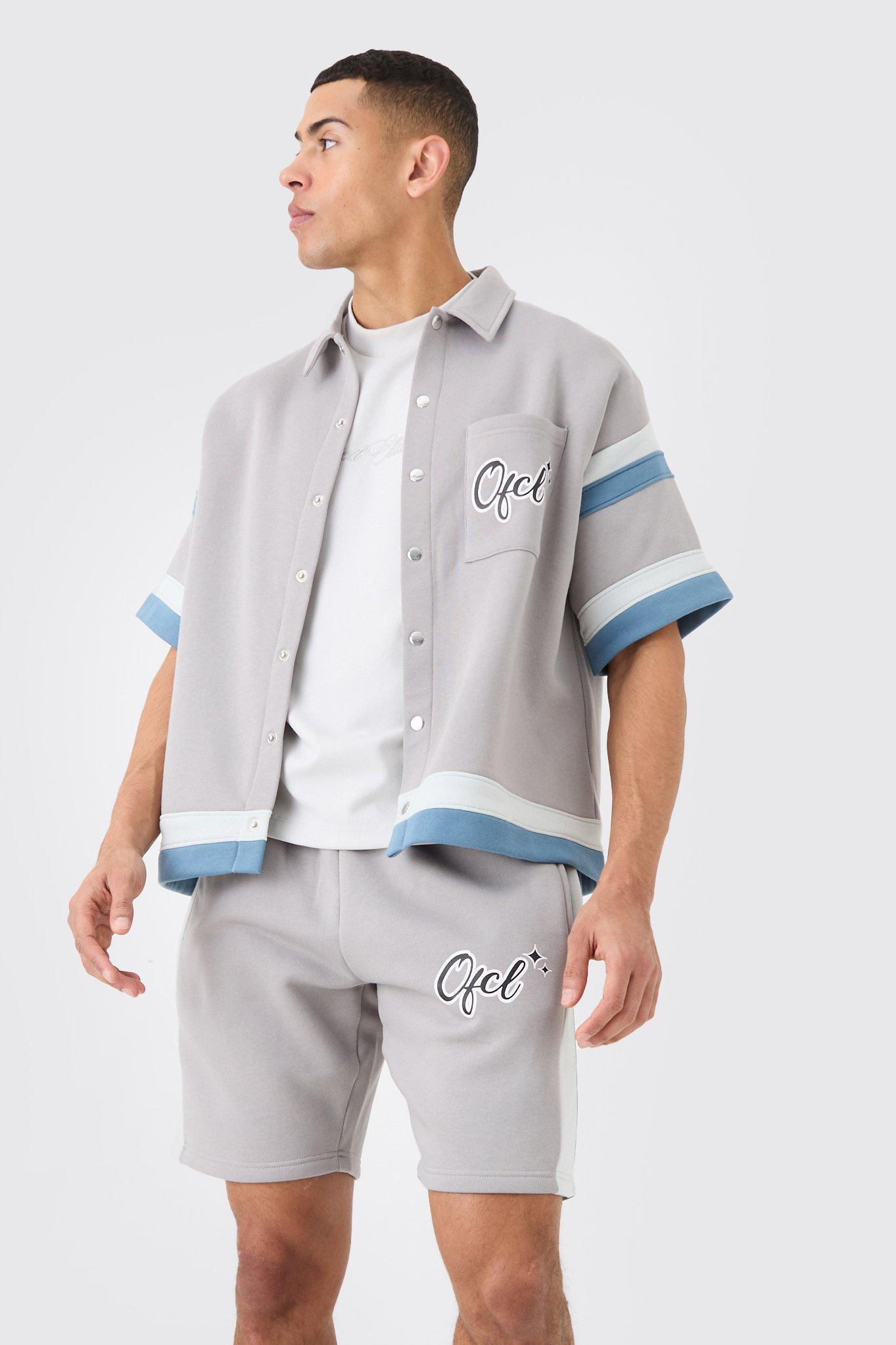 Mens Regular Fit OFCL Baseball Shirt And Shorts Set - Grey Product Image
