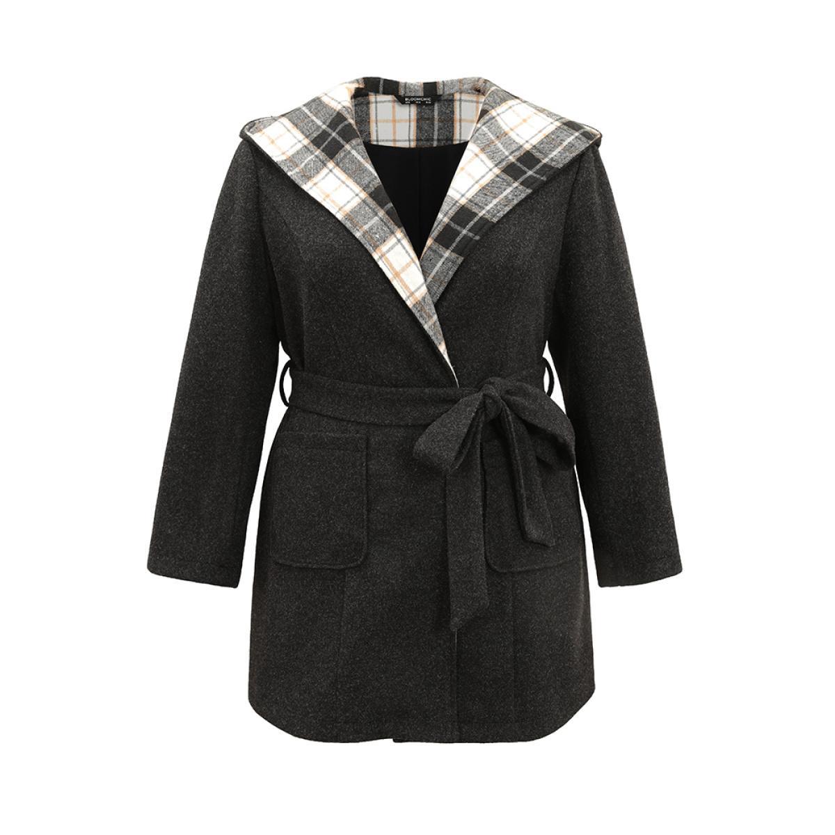 Plus Size Plaid Hooded Belted Bowknot Tunic Coat Women DimGray Casual Lined Ladies Dailywear Winter Coats BloomChic 26/4X Product Image