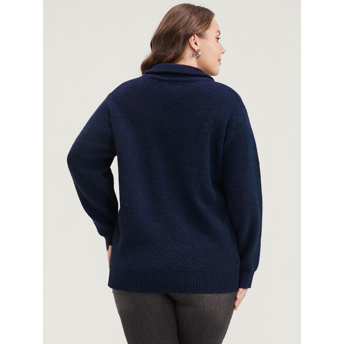 Plus Size Solid Super Soft Plush Knit Zip Neck Knit Top DarkBlue Women Casual Loose Long Sleeve Lapel Collar Dailywear Pullovers BloomChic 14-16/1X Product Image