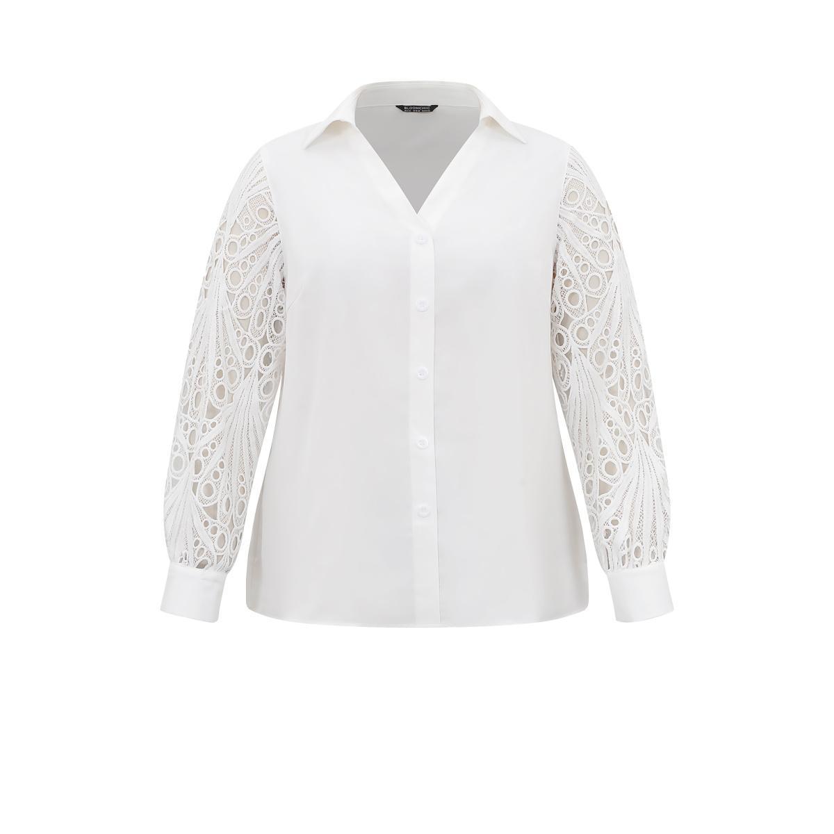 Plus Size White Static-Free Lace Panel Button Through Blouse Women Office Long Sleeve Shirt collar Party Blouses BloomChic 12/L Product Image