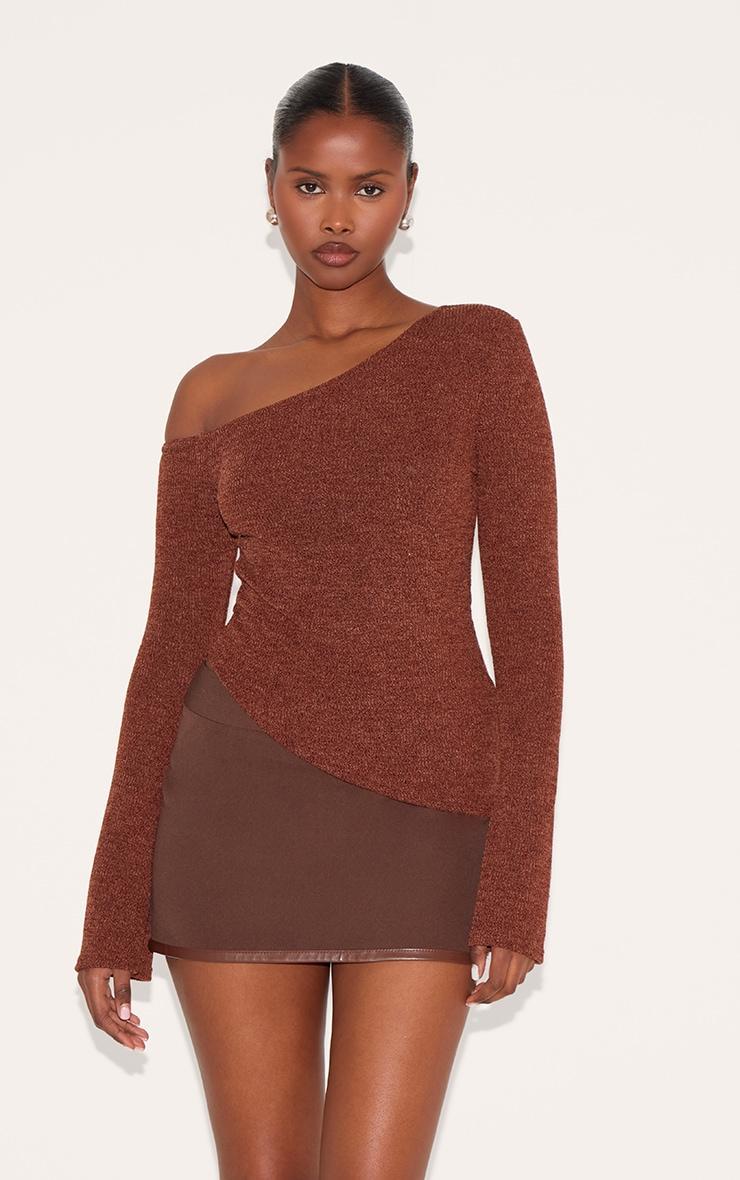 Brown Textured Asymmetric Flared Sleeve Long Top Product Image