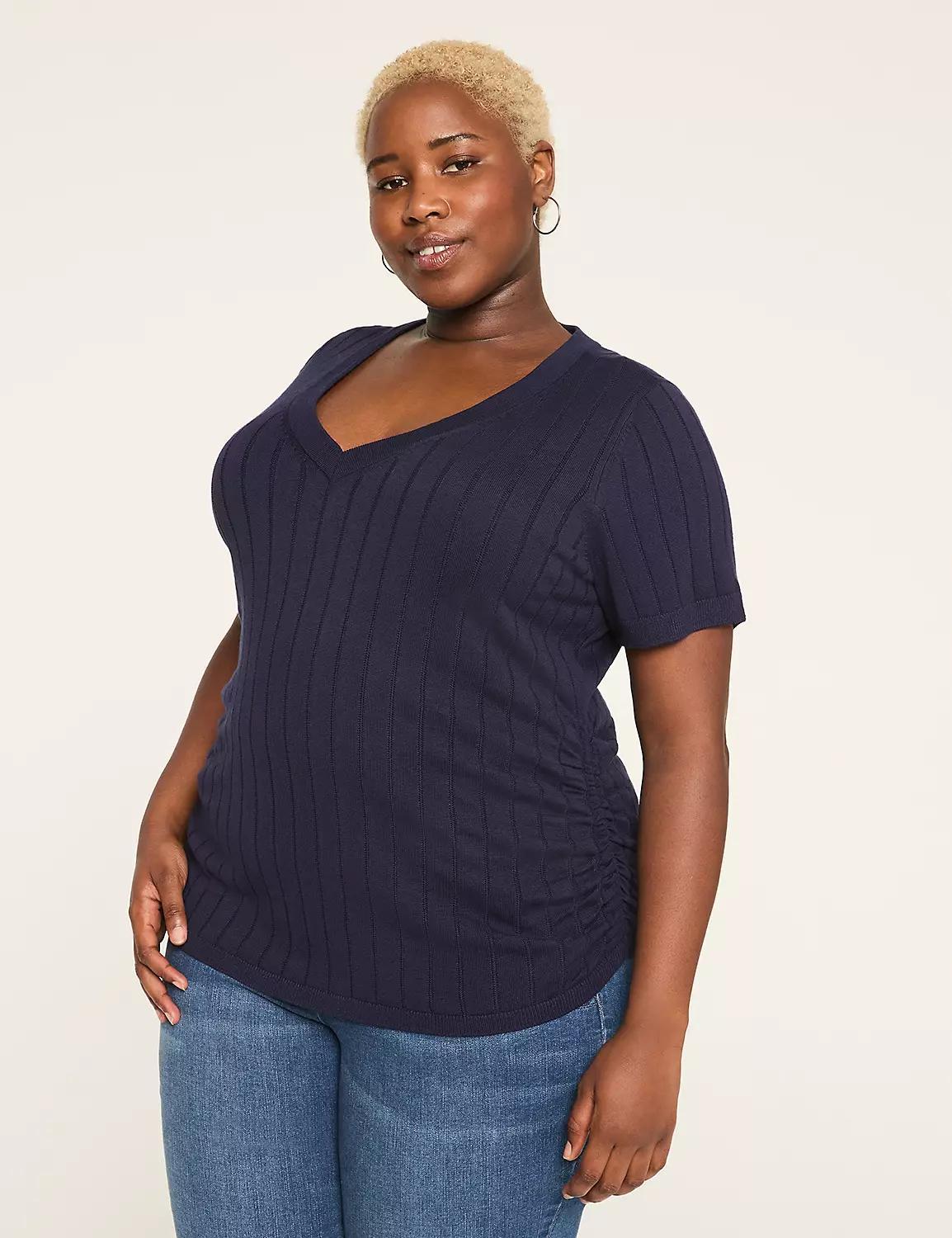Fitted Short-Sleeve Side-Ruched Sweater Product Image