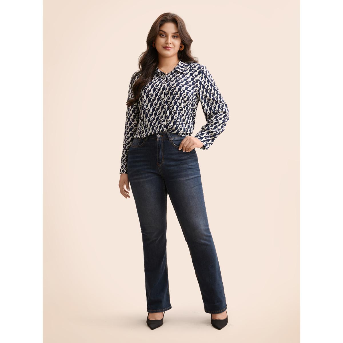 Plus Size Indigo Geometric Shirt Collar Pleated Blouse Women Elegant Long Sleeve Shirt collar Everyday Blouses BloomChic 22-24/3X Product Image