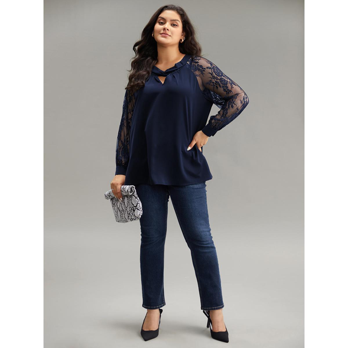 Plus Size Indigo Anti-Wrinkle Crochet Lace Mesh Keyhole Blouse Women Office Long Sleeve Keyhole Cut-Out Work Blouses BloomChic 22-24/3X Product Image