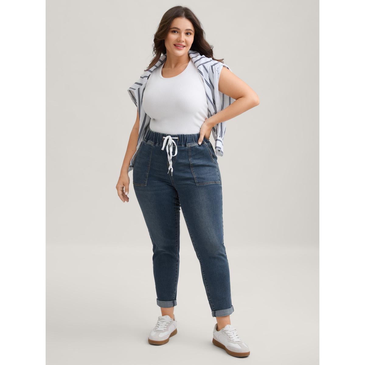 Plus Size Drawstring Elastic Waist Roll Hem Jeans Women DarkBlue Casual Plain Drawstring High stretch Slanted pocket Jeans BloomChic 26/4X Product Image