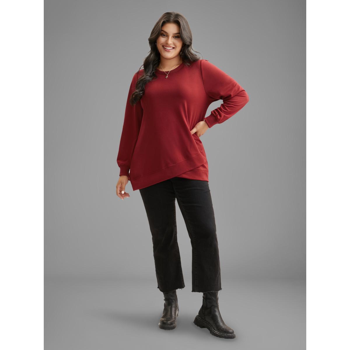 Plus Size Overlapping Hem Round Neck Sweatshirt Women Burgundy Casual Overlapping Round Neck Everyday Sweatshirts BloomChic 18-20/2X Product Image