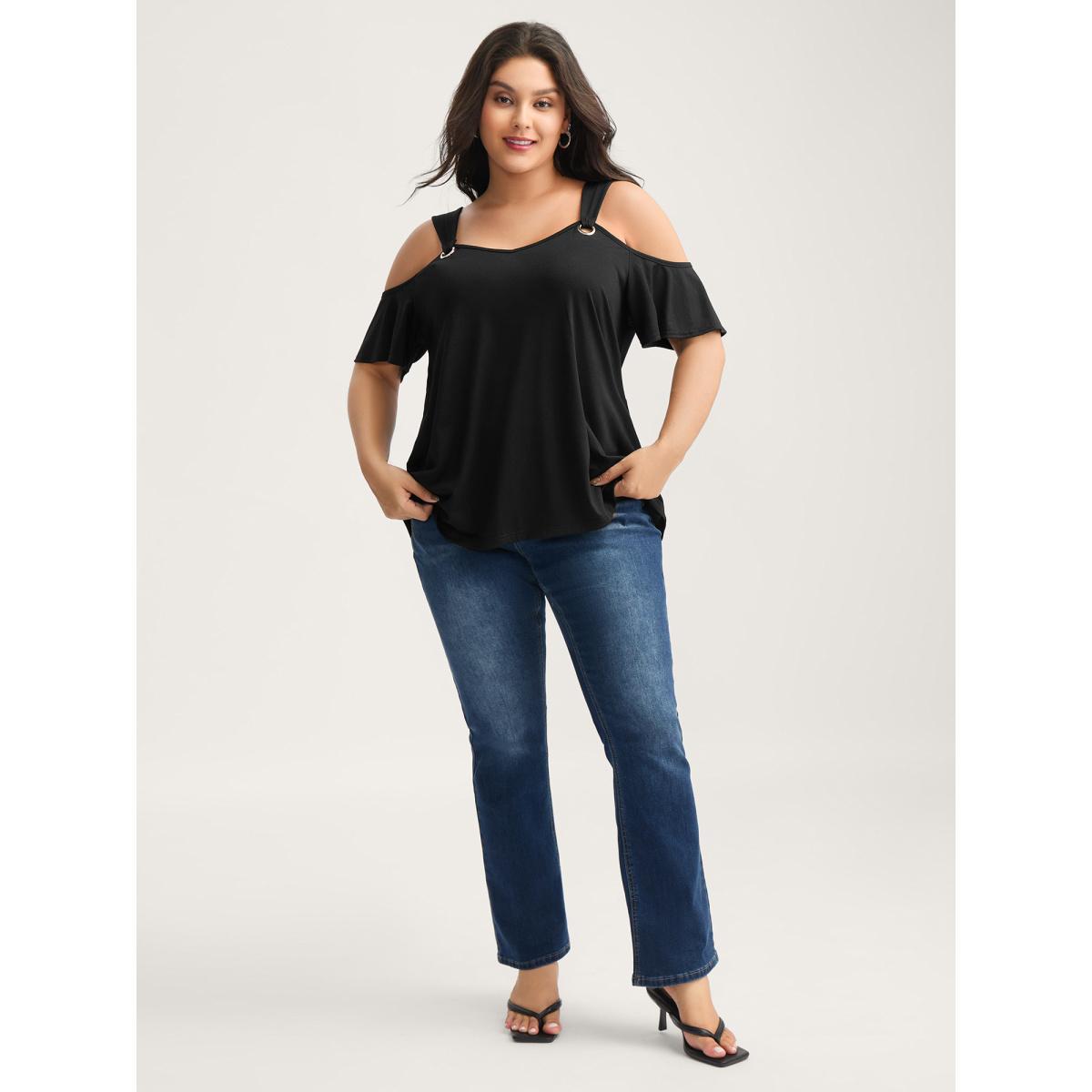 Plus Size Off-Shoulder Loop Detail T-Shirt Black Women Non Heart neckline Everyday-Elegant T-shirts BloomChic 28/5X Product Image