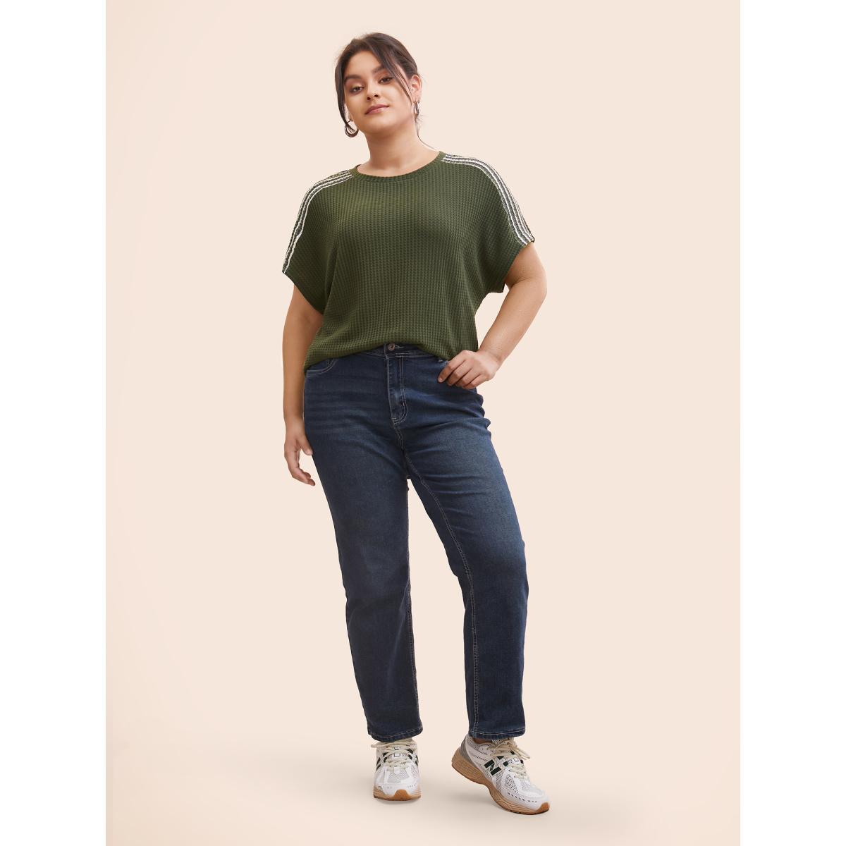 Plus Size Striped Waffle Knit Patchwork T-shirt ArmyGreen Women Casual Texture Round Neck Everyday T-shirts BloomChic 10/M Product Image
