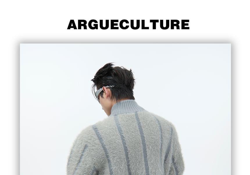 Mock Neck Striped Fluffy Zip Cardigan Product Image