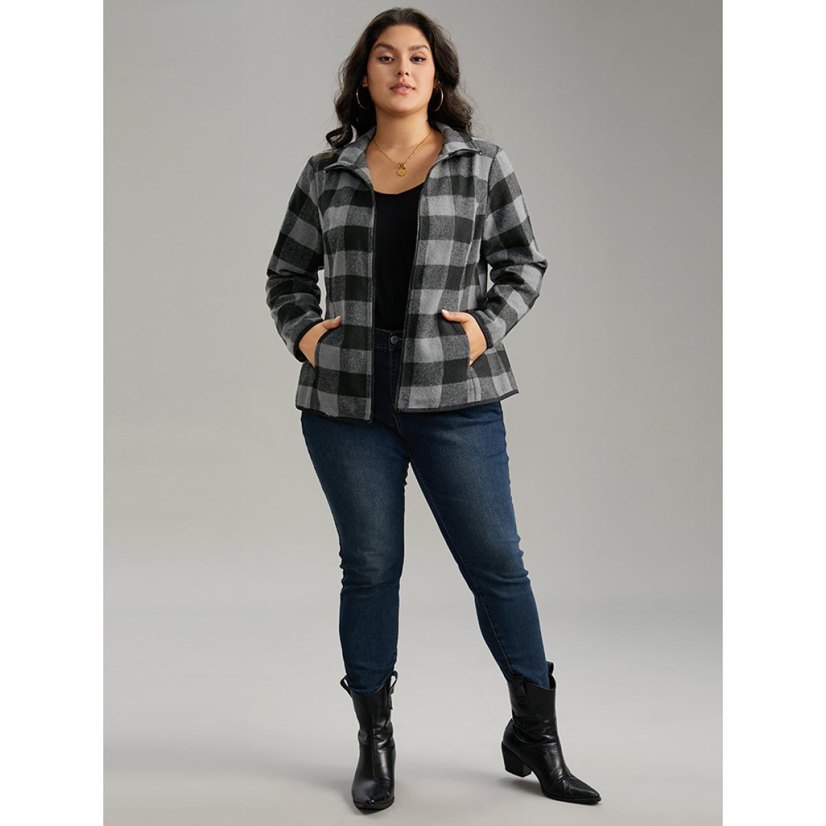 Plus Size Plaid Zipper Pocket Contrast Jacket Women DimGray Contrast Pocket Dailywear Jackets BloomChic 10/M Product Image