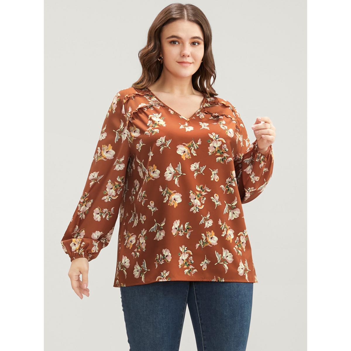 Plus Size Bronze Floral V Neck Ruffles Trim Lantern Sleeve Blouse Women Elegant Long Sleeve V-neck Dailywear Blouses BloomChic 10/M Product Image