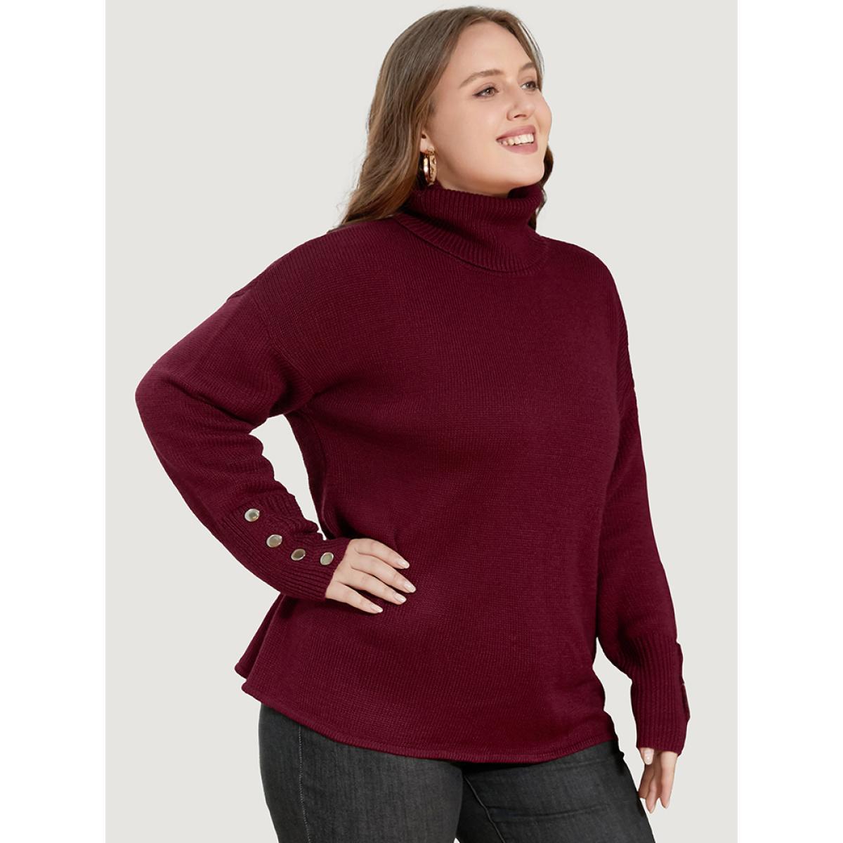 Plus Size Solid Pointelle Knit Button Detail Funnel Neck Knit Top Scarlet Women Casual Loose Long Sleeve Turtleneck Dailywear Pullovers BloomChic 12/L Product Image