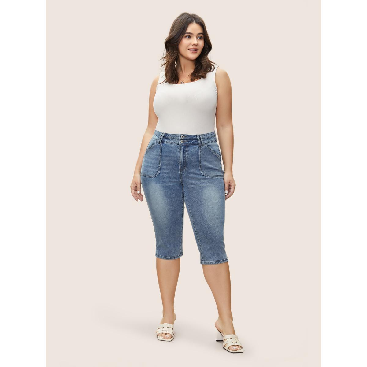 Plus Size Light Wash Slit Hem Pull On Jegging Jeans Women Blue Casual Plain Button High stretch Slanted pocket Jeans BloomChic 16/1X Product Image