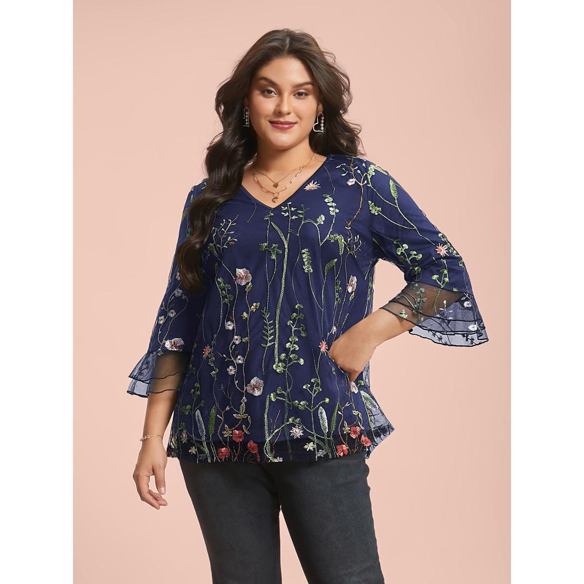 Plus Size Indigo Embroidered Mesh Lotus Leaf Sleeve Blouse Women Elegant Elbow-length sleeve V-neck Everyday Blouses BloomChic 14-16/1X Product Image