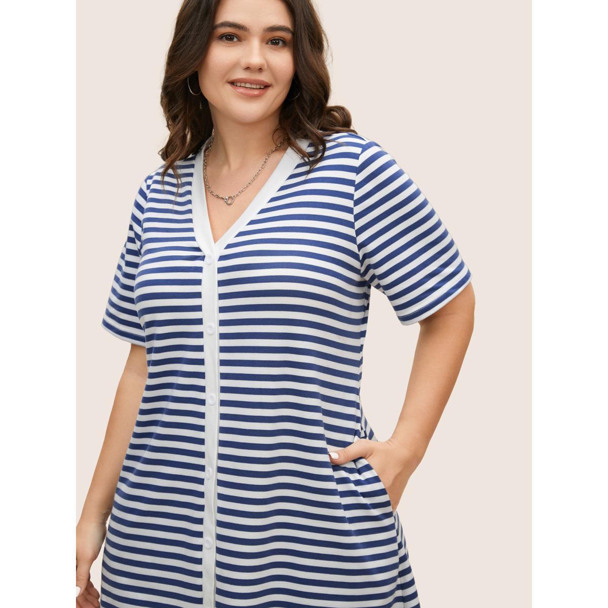 Plus Size Contrast Striped Button Detail Midi Dress Mediumblue Women Casual Button V-neck Short sleeve Curvy BloomChic 26/4X Product Image