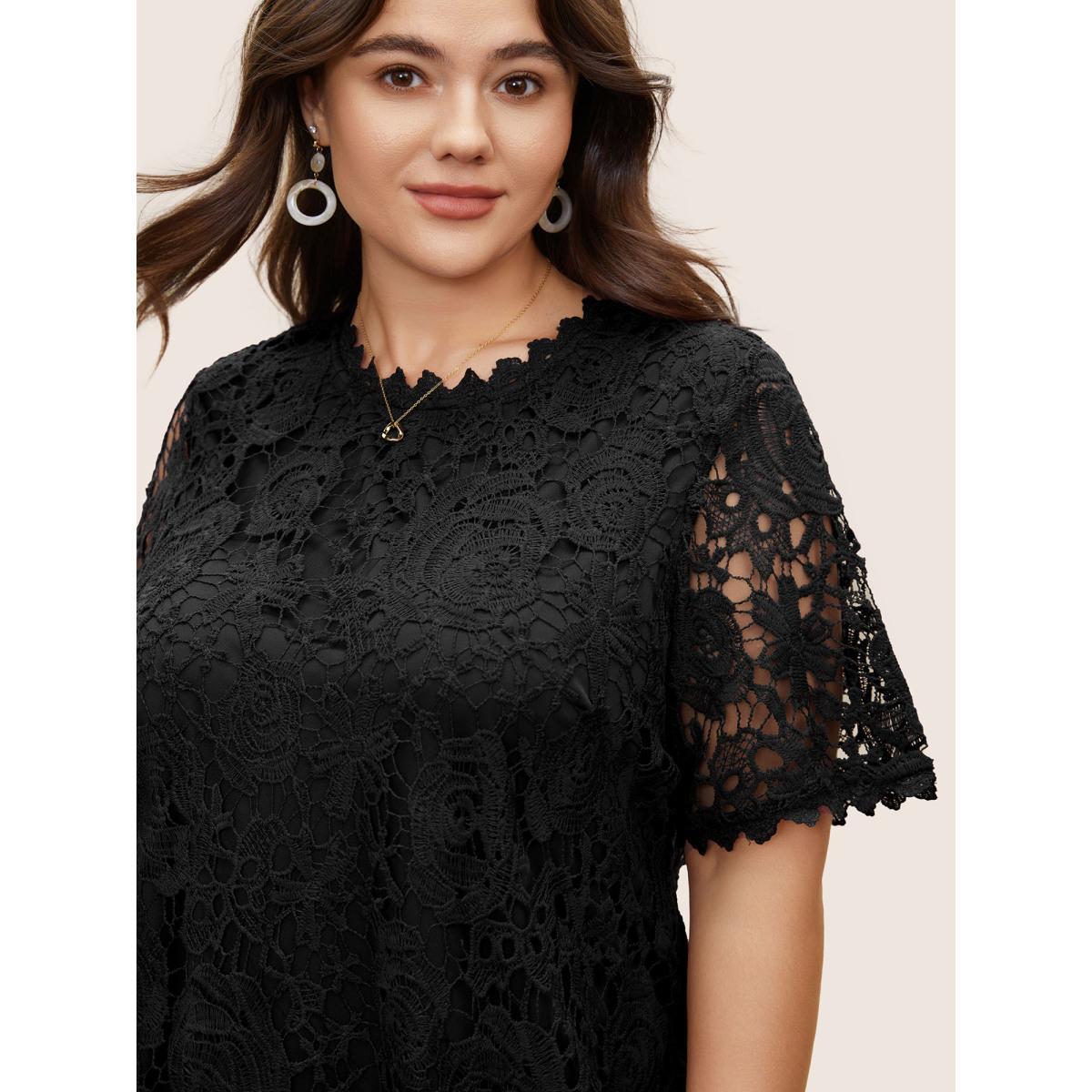 Plus Size Black Lace Panel Patchwork Cut Out Blouse Women Elegant Half Sleeve Round Neck Everyday Blouses BloomChic 14-16/1X Product Image