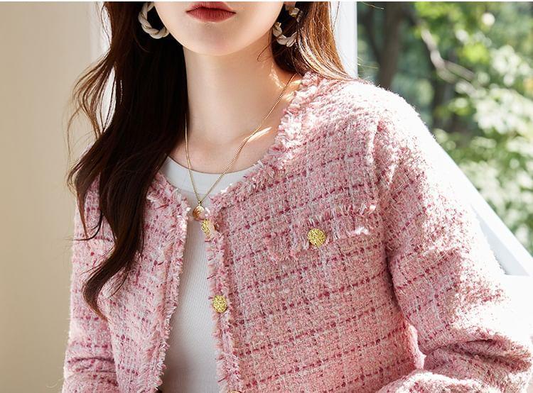 Round Neck Tweed Cropped Button Jacket Product Image