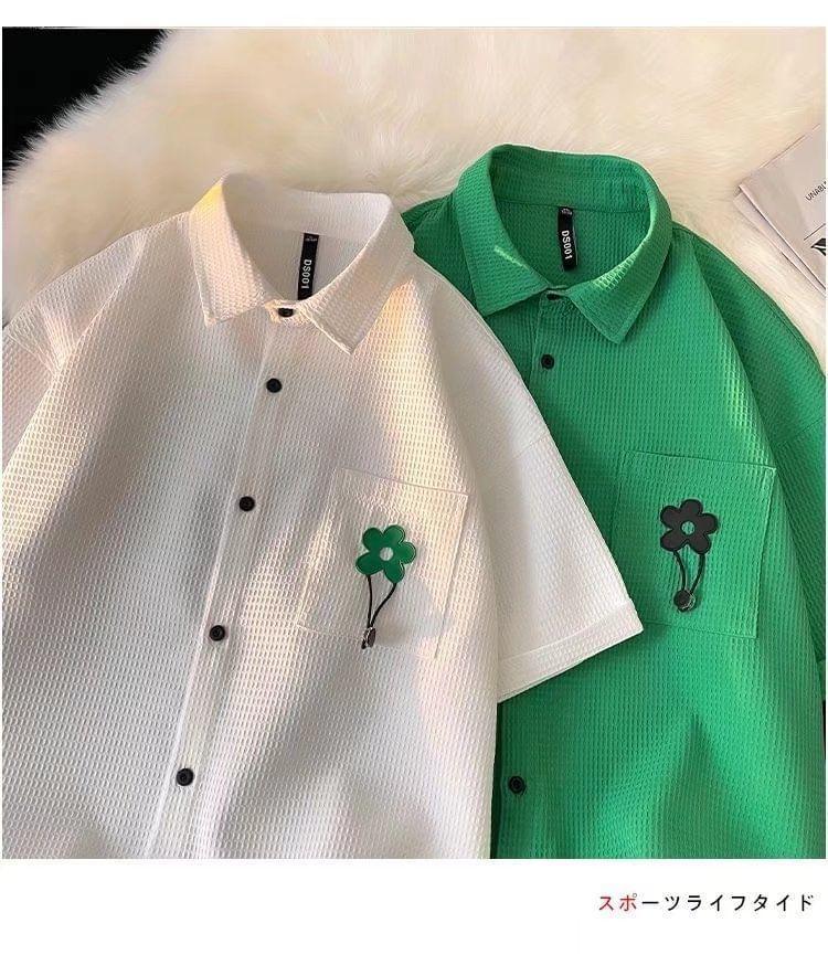 Elbow-Sleeve Floral Applique Waffle Button-Up Shirt Product Image