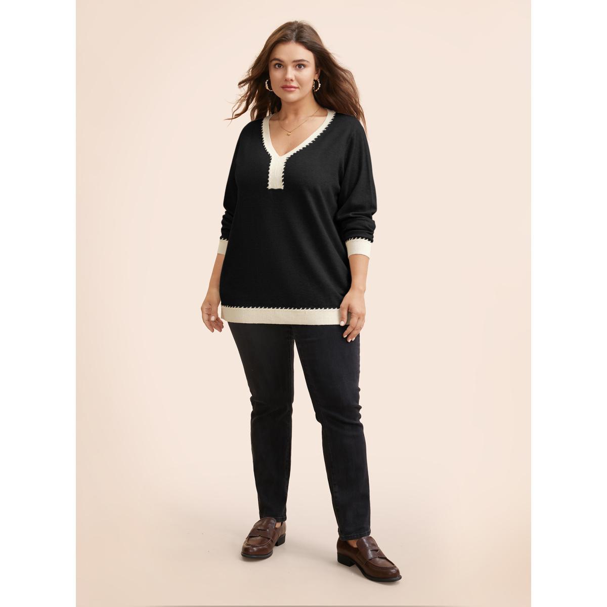 Plus Size Supersoft Essentials V Neck Contrast Crochet Pullover Black Women Casual Long Sleeve V-neck Everyday Pullovers BloomChic 12/L Product Image