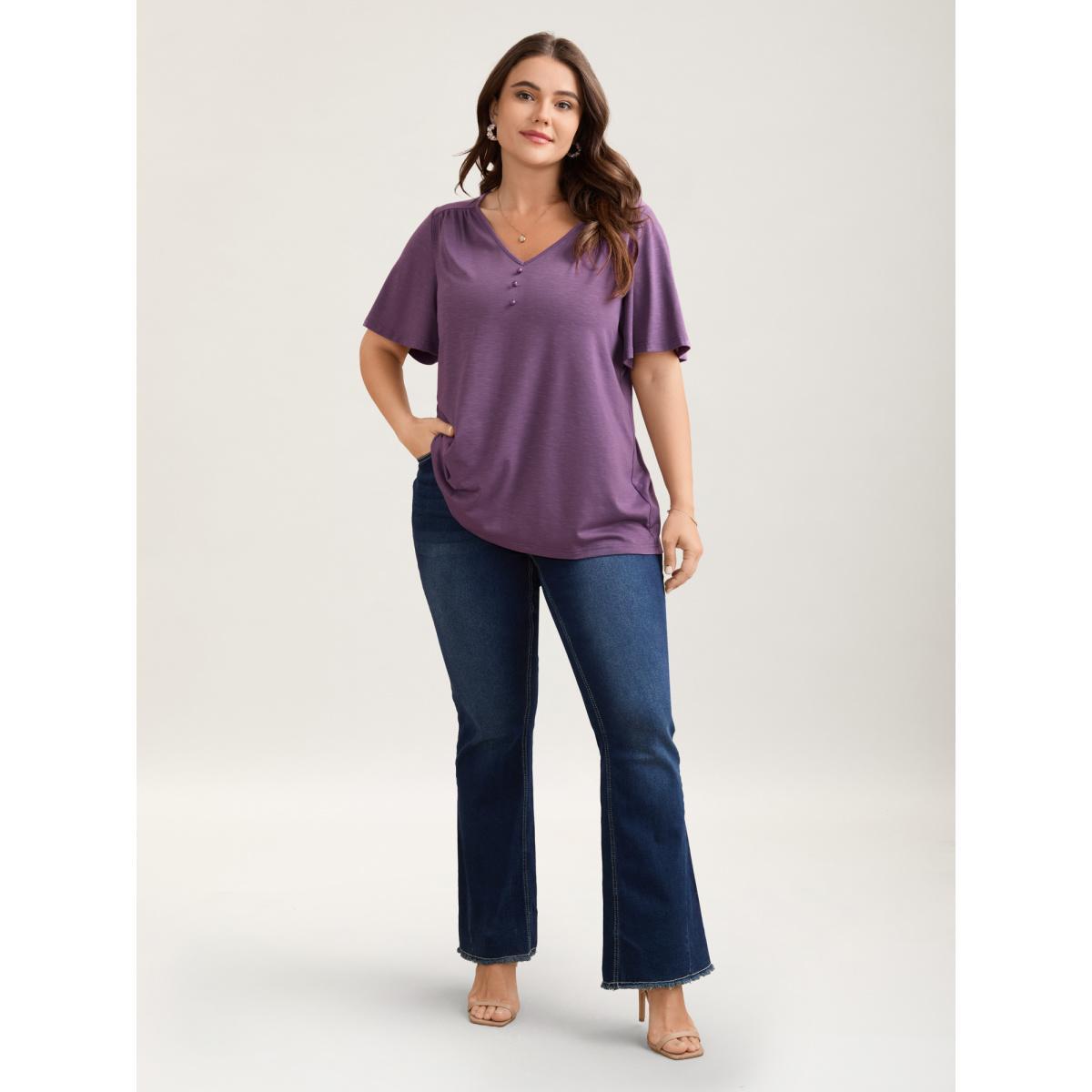 Plus Size Bamboo Textured Pleated Shoulder Button T-Shirt Mauve Women Elegant Gathered V-neck Everyday T-shirts BloomChic 28/5X Product Image