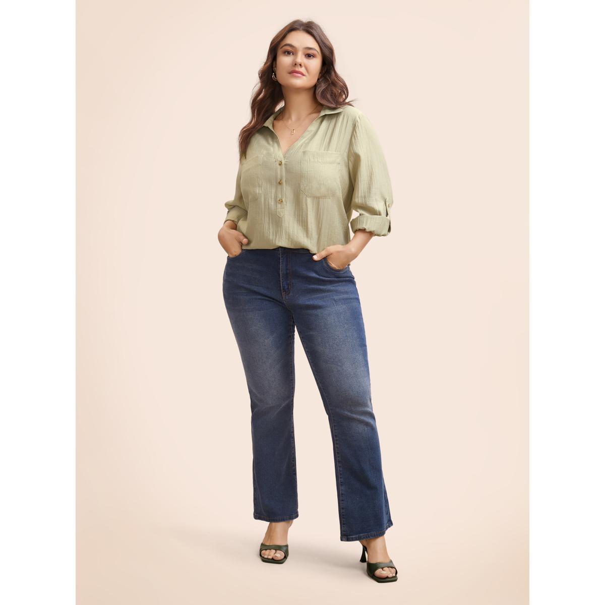Plus Size Sage Solid Patched Pocket Tab Sleeve Blouse Women Elegant Long Sleeve V-neck Everyday Blouses BloomChic 10/M Product Image