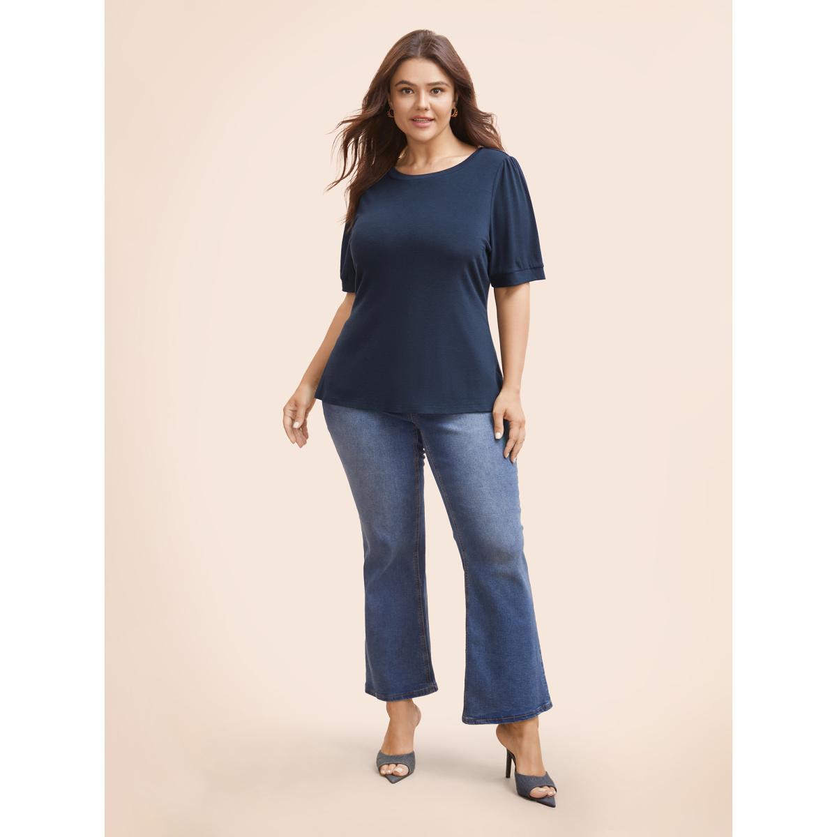 Plus Size Patchwork Ditsy Floral Knot Puff Sleeve T-shirt Indigo Women Elegant Tie knot Round Neck Bodycon Everyday T-shirts BloomChic 22-24/3X Product Image