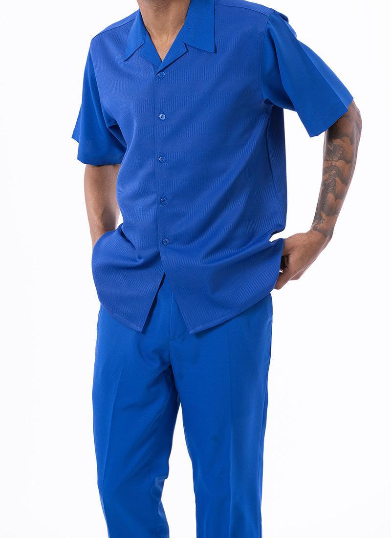 Cobalt Blue Walking Suit Tone on Tone Vertical Stripes 2 Piece Short Sleeve Set Product Image
