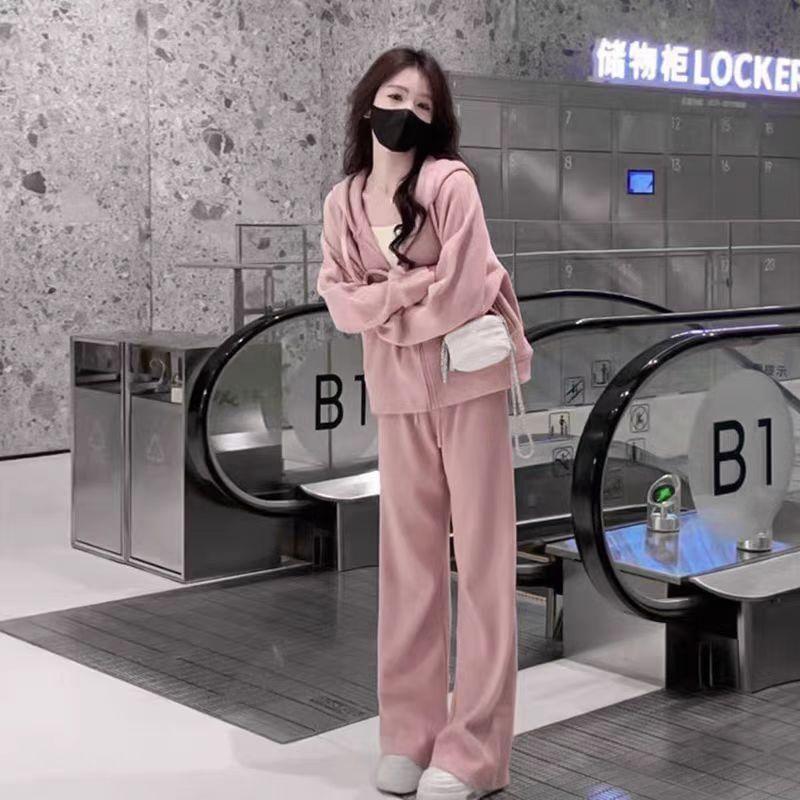 Maternity Set: Plain Zip-Up Hoodie + Drawstring Waist Loose Fit Sweatpants Product Image