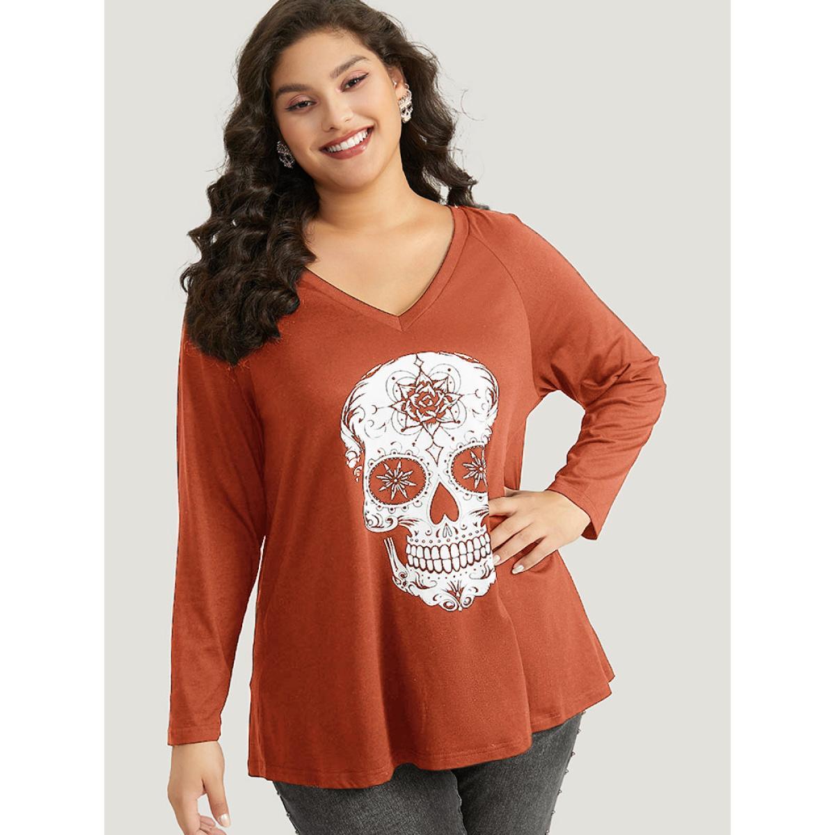 Plus Size Halloween Skull Print Long Sleeve T-shirt Chocolate Women Casual Printed Halloween Festival-Halloween T-shirts BloomChic 12/L Product Image