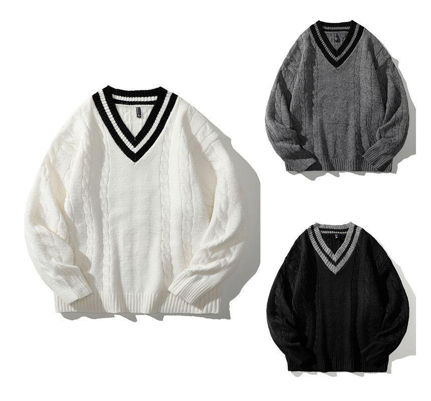 V-Neck Contrast Trim Cable Knit Loose-Fit Sweater Product Image