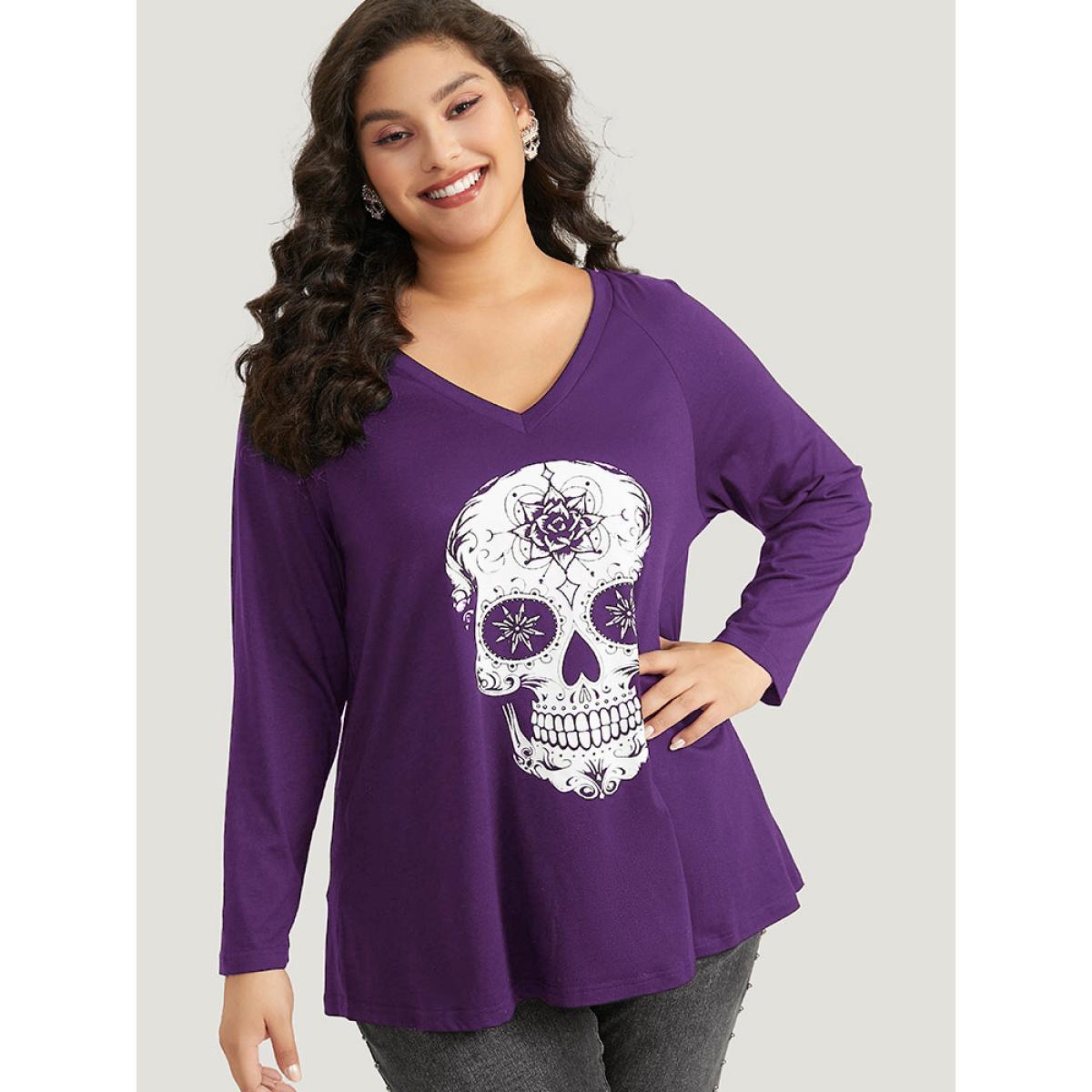 Plus Size Halloween Skull Print Long Sleeve T-shirt Purple Women Casual Printed Halloween Festival-Halloween T-shirts BloomChic 26/4X Product Image