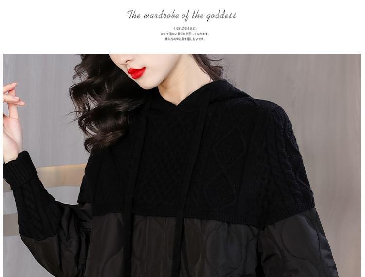 Plain Patchwork Hooded Cable-Knit Sweater Product Image