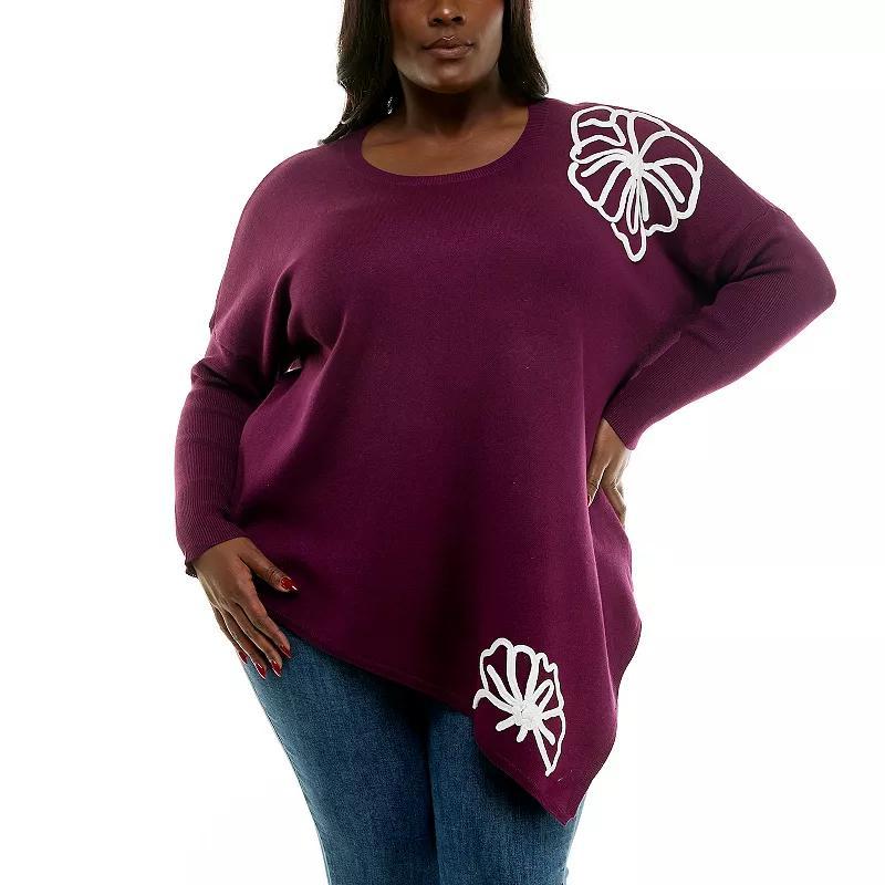 Plus Size Nina Leonard Oversized Floral Pattern Sweater, Women's, Size: 2XL, Black Ivory Product Image
