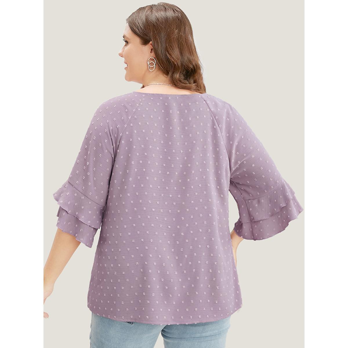 Plus Size Mauve Polka Dot Round Neck Ruffle Sleeve Blouse Women Casual Elbow-length sleeve Round Neck Dailywear Blouses BloomChic 10/M Product Image