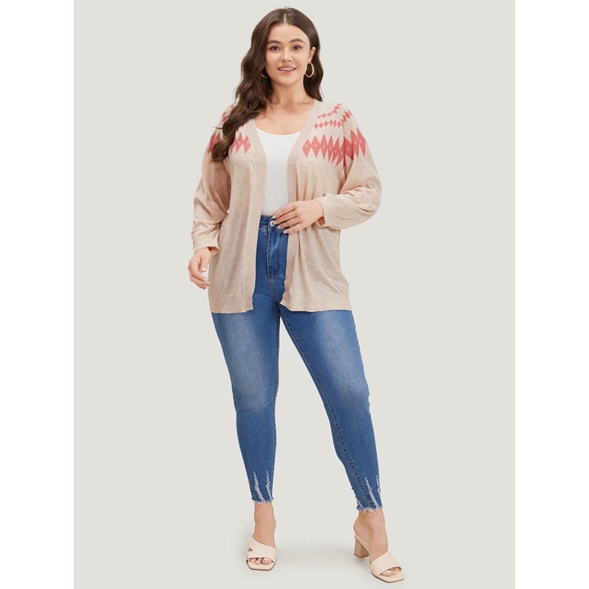 Plus Size Geometric Print Raglan Sleeve Open Front Cardigan Champagne Women Casual Loose Long Sleeve Everyday Cardigans BloomChic 10/M Product Image