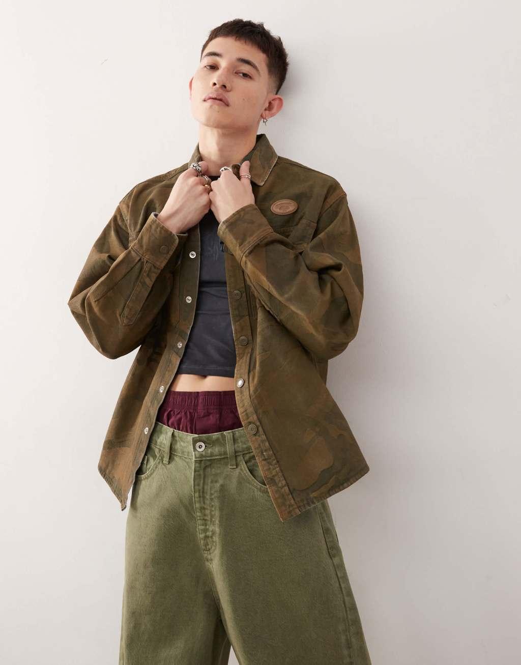 AAPE By A Bathing Ape long sleeve shacket in brown Product Image