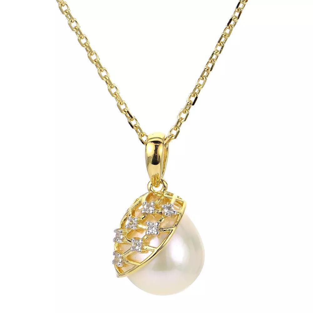 PearLustre by Imperial 14k Gold Over Silver Freshwater Cultured Pearl & Lab-Created White Sapphire Lattice Pendant Necklace, Womens 14k Gold Plated Product Image