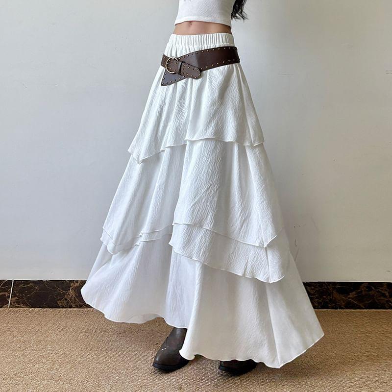 High Rise Plain Maxi Tiered A-Line Skirt Product Image