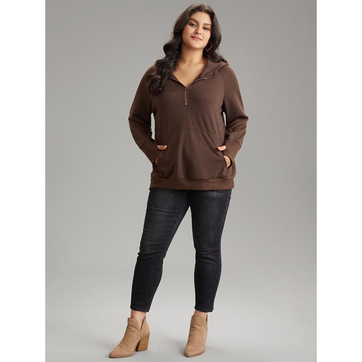Plus Size Plain Thumb Hole Hooded Kangaroo Pocket Sweatshirt Women DarkBrown Casual Plain Hooded Dailywear Sweatshirts BloomChic 18-20/2X Product Image