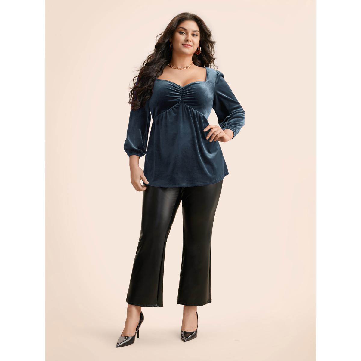 Plus Size Stone Velvet Heart Neckline Gathered Blouse Women Elegant Three Quater Length Sleeve Heart neckline Everyday Blouses BloomChic 28/5X Product Image