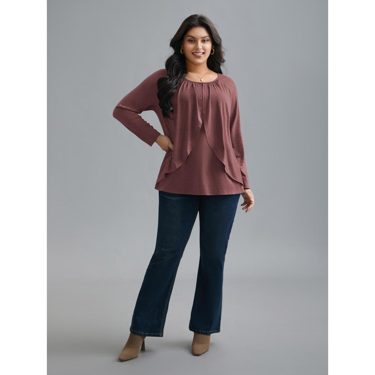 Plus Size 2-In-1 Gathered Ruffle Trim T-Shirt Deepred Women Elegant Gathered Round Neck Everyday T-shirts BloomChic 10/M Product Image