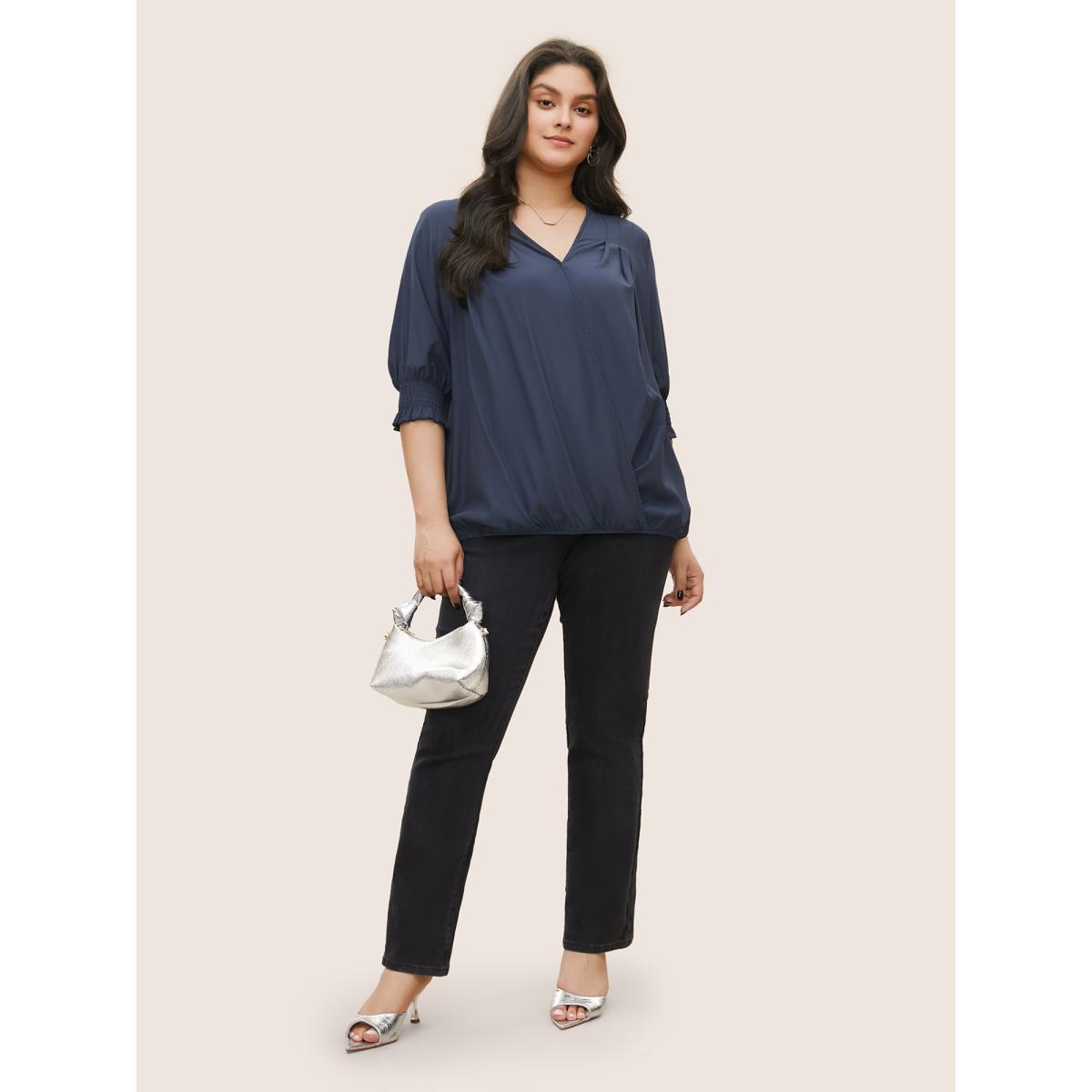 Plus Size Aegean Surplice Neck Shirred Sleeve Pleated Blouse Women Work From Home Half Sleeve Overlap Collar Work Blouses BloomChic 28/5X Product Image