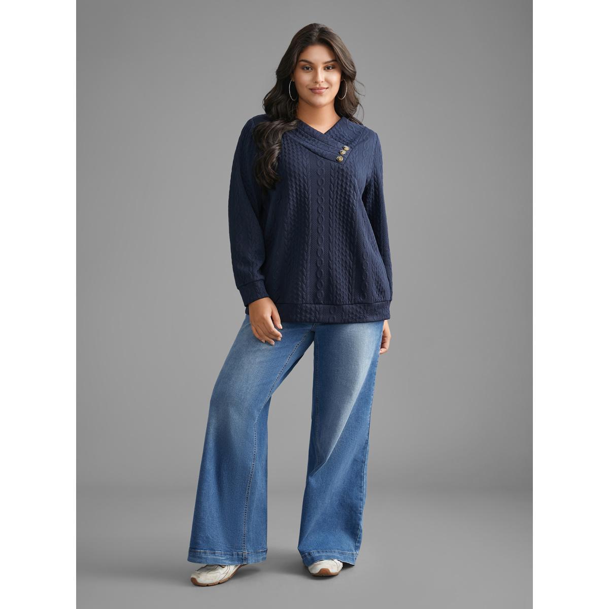 Plus Size Overlap Collar Textured Button Detail Sweatshirt Women Indigo Casual Texture Overlap Collar Everyday Sweatshirts BloomChic 14-16/1X Product Image